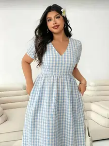 Plus Size Plaid Dress V Neck Waist Cinch A-Line Long Dress, Summer Soft Chic Style Slimming Vacation Dress, Comfortable and Stylish