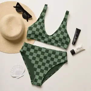 70s Groovy Green Checkered Bikini Set, Retro Hippie Crop Top Bikini, Vintage High Waisted Swim Suit, Checker Bikini Swim Suit