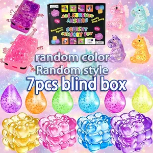 7-piece set - Blind Box Random Color Style Sensory Toy, Kawaii Sensory Stress Squeezing Toy, Soothing Anxiety, Creative Stress Relieving Toy, Dreamy Unicorn Water Drop/Cat Soft Shell Toy Ball, Transparent Shining Stress Jelly Squeezing Ball Sensory Toy