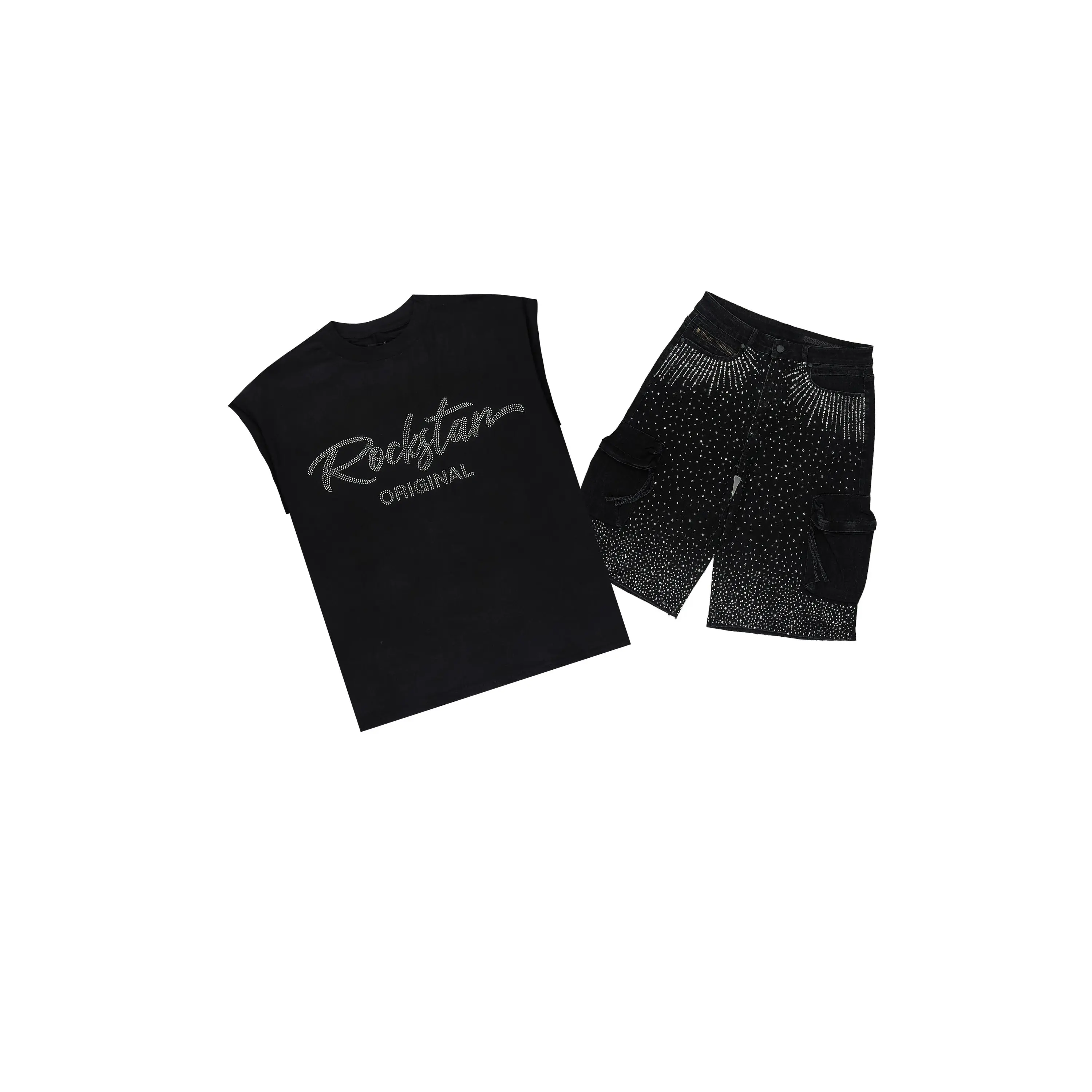 Keoni Black Rhinestone Cut Sleeve T-Shirt Denim Short Set