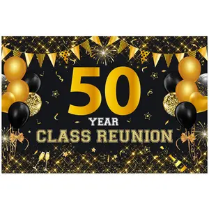 1Set 50 Year Class Reunion Backdrop  Black and Gold 50th School Class Reunion Decorations Photography Background for Class of 1975 High School Reunion Welcome Back Party