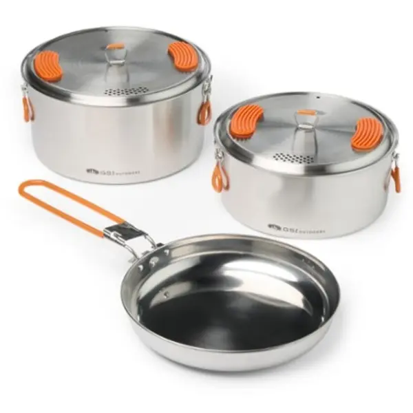 Stainless Steel Camping Cookware Set, 3L & 2L Pots, Fry Pan, Strainer Lids, Nesting Outdoor Cook Set