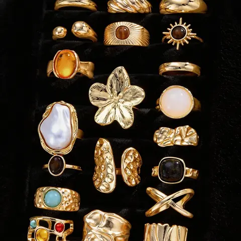 【Black Friday】20-Piece Metal Imitation Pearl Ring Set, Retro Elegant Flower & Geometric Pattern Rings, Wide-Band Statement Rings for Women, Party Gift & Costume Jewelry