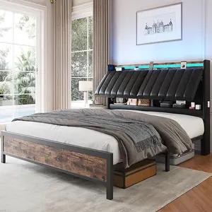 Jocoevol Full Size Bed Frame with Ergonomic Headboard, LED Lights Bed Frame with Hidden Storage, PU Leather Upholstered Platform Metal Bed with Charging Station, No Box Spring Needed, Heavy Duty, Black&Brown