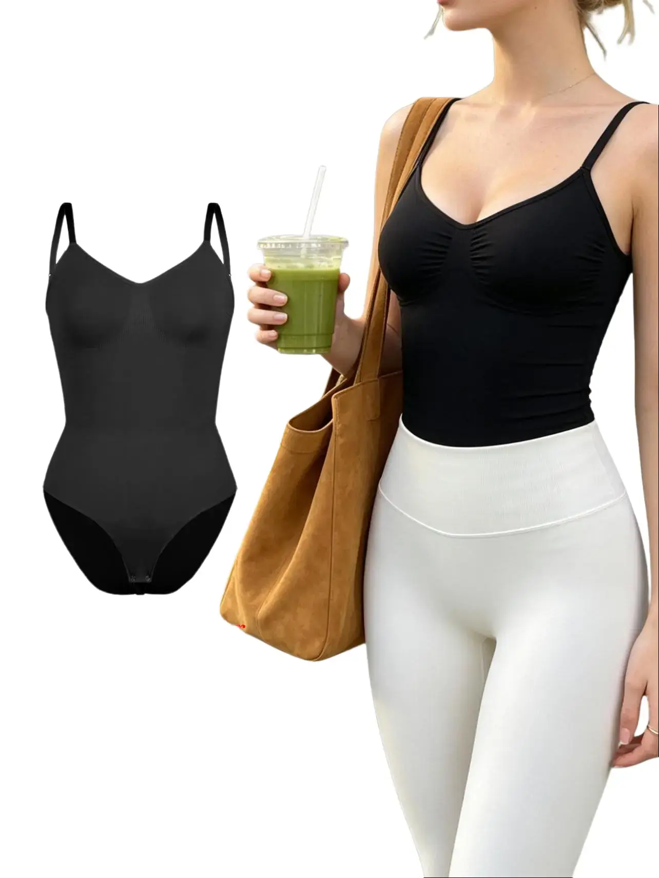 Women's Minimalist Basic Seamless Nylon-Elastane Tummy Control Bodysuit Cami - Adjustable Strap, Open Back, Soft Compression, Butt Lifting, Stretch 1-Piece Shapewear for Everyday Wear, Layering