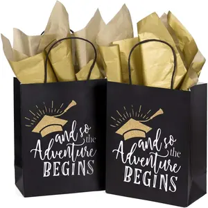WRAPAHOLIC Medium Size Gift Bags - 12 Pack and So the Adventure Begins Graduation Class of 2024 Black and Gold Paper Bags with Gold Tissue Paper for Grad C