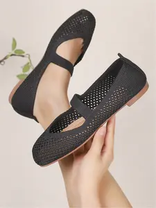 Women's Knitted Mesh Square Toe Mary Janes Breathable Flat Shoes Knit Flats Versatile Casual Daily Wear