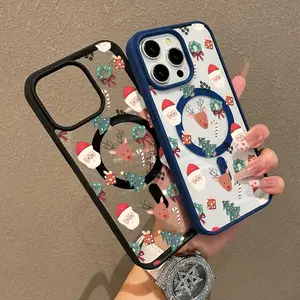 Merry Christmas Pattern Magnetic Phone Case for iPhone 15 16 14 17 Pro Max 13 12 11 Plus Air Cellphone Shockproof Protector Acrylic MagSafe Cover Supports Wireless Charging Smartphone protective cover Casing Protector Gift Silicone Protection