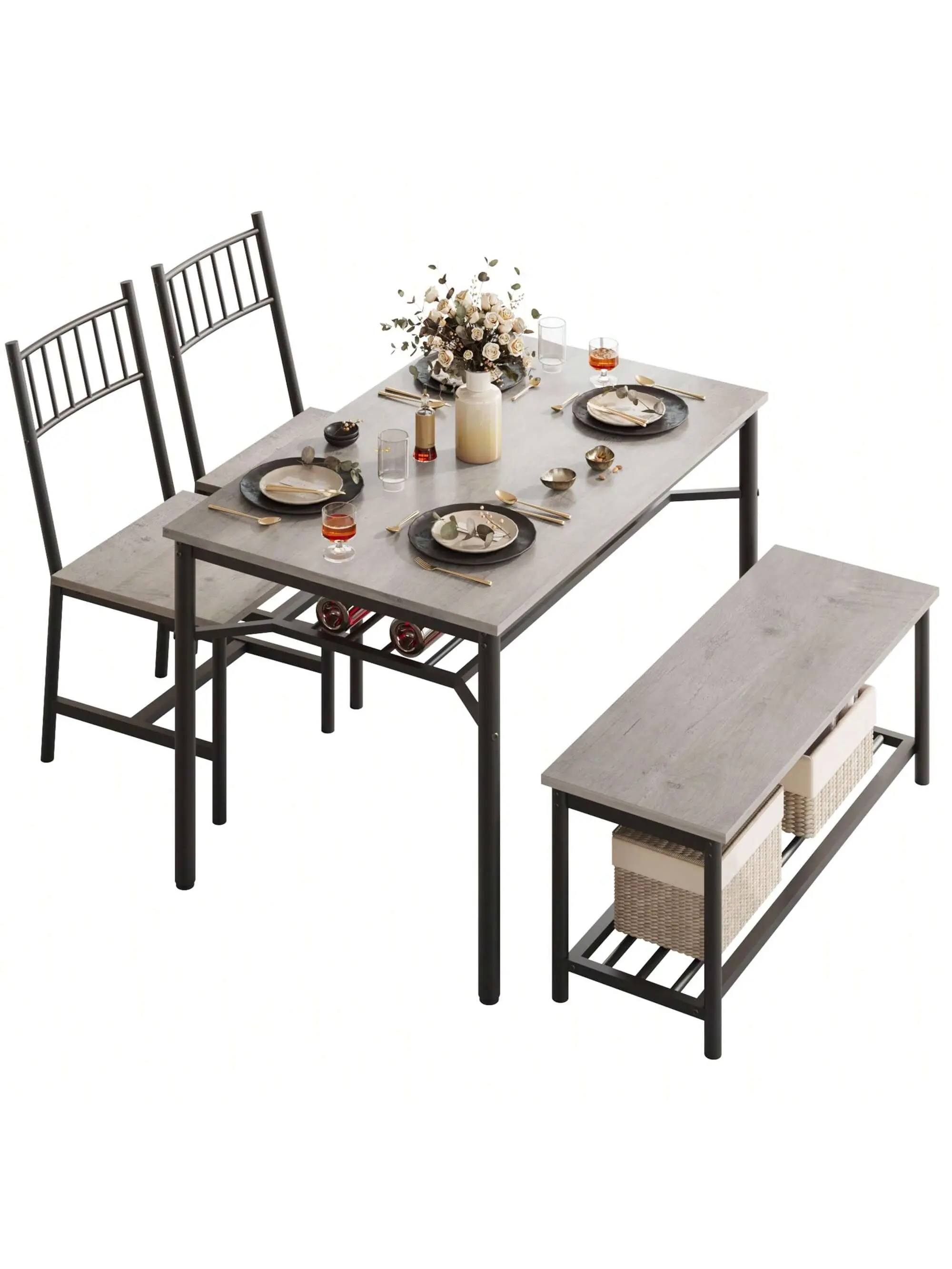 Garvee Grey 1-Size Rectangular Dining Table Set for 4 People, Dining Room Furniture with Kitchen Table, Chairs, Storage Bench, Wine Rack, MDF Wood, Storage Organization, Quick Setup, Assembly Required