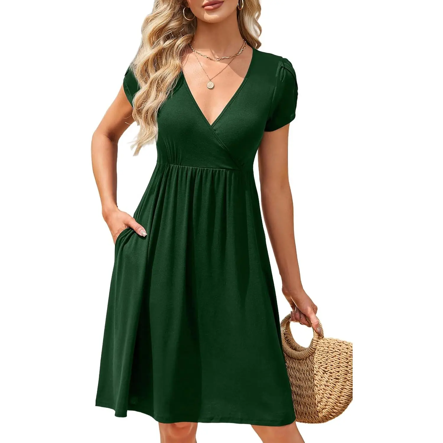 Herou Women's Soft Rayon V-Neck Short Sleeve A-Line Midi Dress - Casual Wear with Pockets for Summer Party, Short Sleeve Midi Casual Dresses
