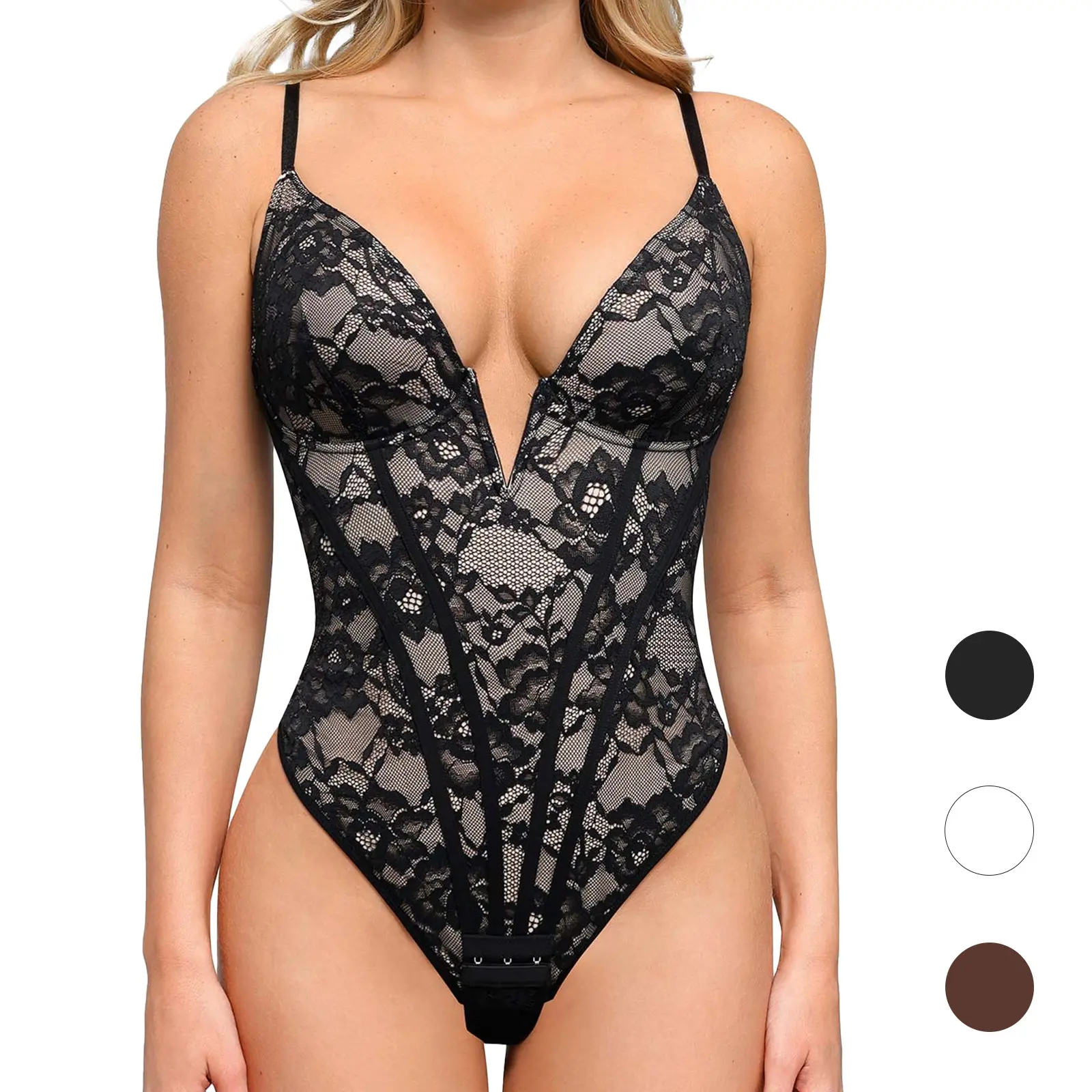 Popilush Plunging V-Neck Lace Corset Shapewear Bodysuit Womenswear Bra -Creator Live