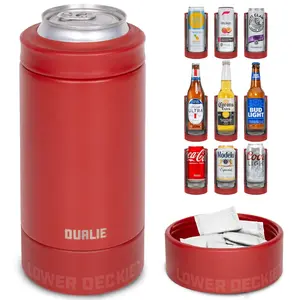 DUALIE Lower Deckie - Insulated 12 oz Can Cooler with Pouch Container - Universal Drink Holder with Built-in Pouch Bin - Burnt Red