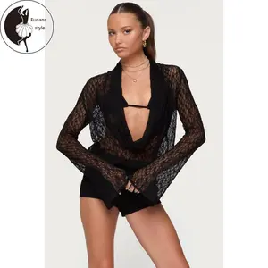 Women Lace Tops with Bra 2 Piece Set, See Through Long Flare Sleeve Low Cut Tops and Bra Outfit