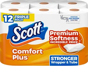 Scott ComfortPlus Toilet Paper – 12 Triple Rolls (231 Sheets/Roll), 1-Ply Strong & Absorbent Bath Tissue, Septic-Safe Indoor Outdoor