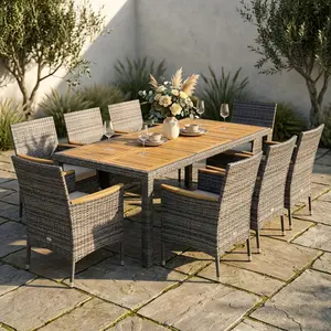 9 Piece Patio Dining Set Outdoor Rattan Wicker Furniture with Acacia Wood Table 8 Cushioned Armchairs Heavy Duty 400lbs Space Saving with Umbrella Hole for Backyard Garden Poolside Deck Outside Dining Family Conversation Set summerwins