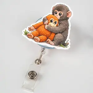 Baby Monkey Punch Badge Reel, Monkey Holding Plush ID Holder, Trendy Retractable Cute Animal Lover Gift