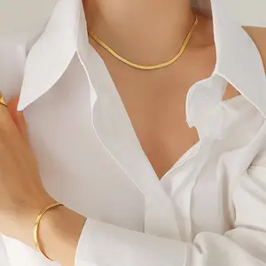 Women's 2-Piece 18K Gold-Plated Stainless Steel Jewelry Set - Flat Snake Bone Chain Necklace, Bracelet, Fashionable Elegant Design, Ideal for Daily Use, Gift-Giving,summerwins