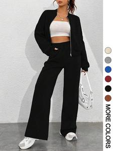 women's solid zip up crop jacket & drawstring waist pants two-piece set, casual fashion drop shoulder long sleeve top & high waist trousers for daily outdoor wear, women's clothing for spring & fall