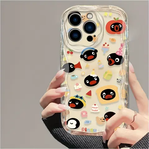 Patterned Cute Pingu Cartoon Cream Wavy Edge Soft TPU Cellphone Case, Shockproof Durable Casing with Protection & Breathable Design for iPhone 17/16/15/14/13/12/11 Pro Max-Plus Mobile Phone Accessories Cover
