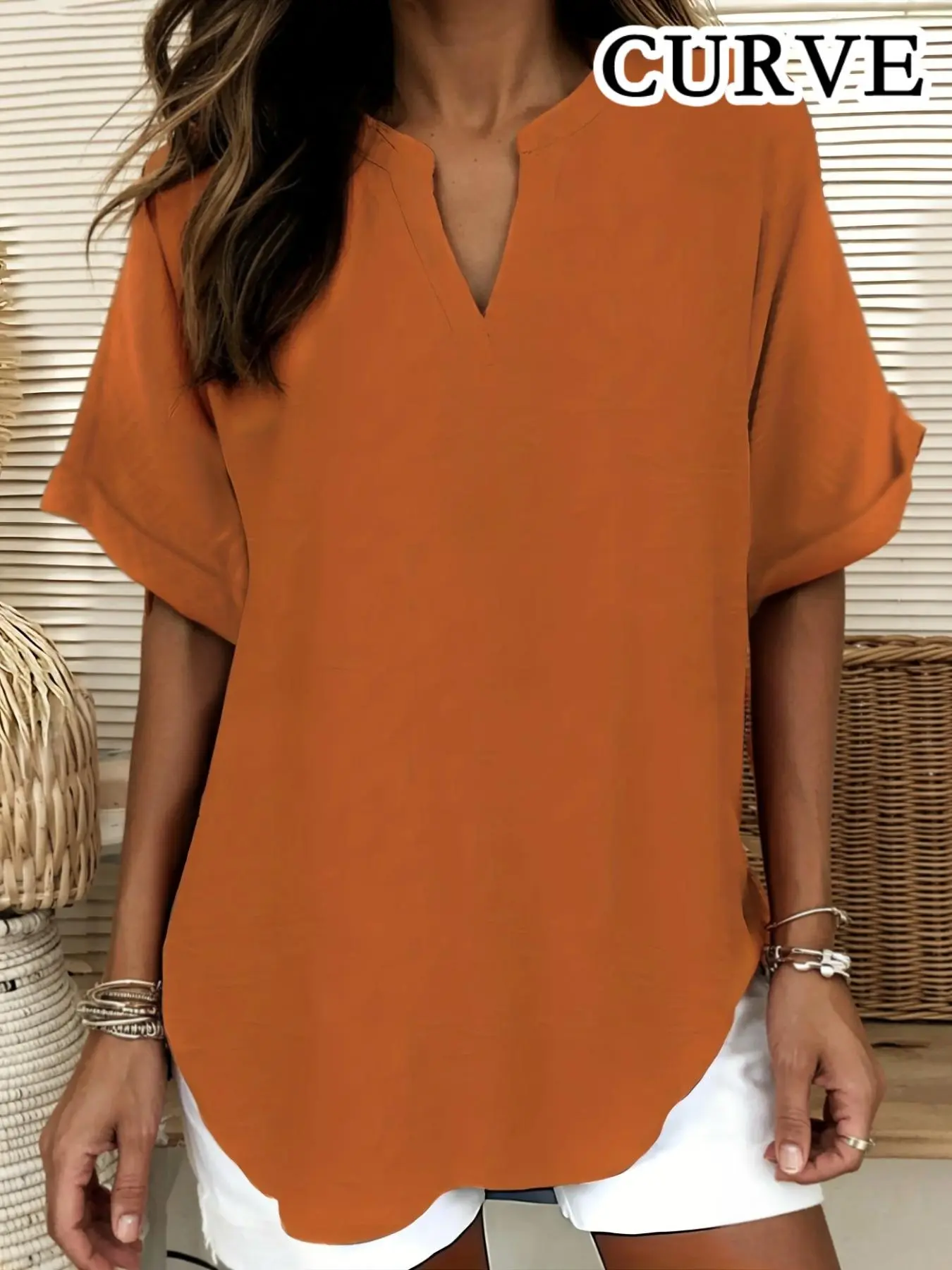 [Plus Size] Solid Color Notched Neck Blouse, Shirts for Lady, Basic Short Sleeve Top for Summer, Women's Clothing for Daily Wear, Casual Chic Top, Blouses Shirts Tops