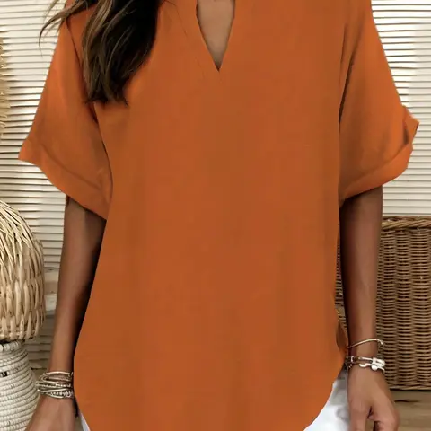 [Plus Size] Solid Color Notched Neck Blouse, Shirts for Lady, Basic Short Sleeve Top for Summer, Women's Clothing for Daily Wear, Casual Chic Top, Casual Everyday Tops