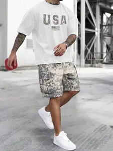 Men's Regular Fit Camo Print Short Sleeve Graphic Tee & Cargo Shorts Two-piece Set, Casual Round Neck T-shirt & Pocket Shorts, Men's Summer Clothes