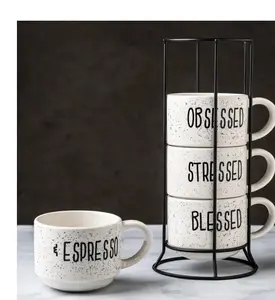 4-Piece 8 oz. White and Black Speckled Sentiment Espresso Stoneware Mug Set with Rack – Coffee Drinkware   Glass