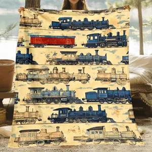 1pc Vintage Train Print Flannel Blanket - Soft, Lightweight, Digital Polyester Fiber Throw for Sofa, Bed, Travel, Office - All Seasons Chunky Knit, Machine Washable - Ideal Gift for Valentine's Day, Mother's Day, Father's Day, Teacher's Day
