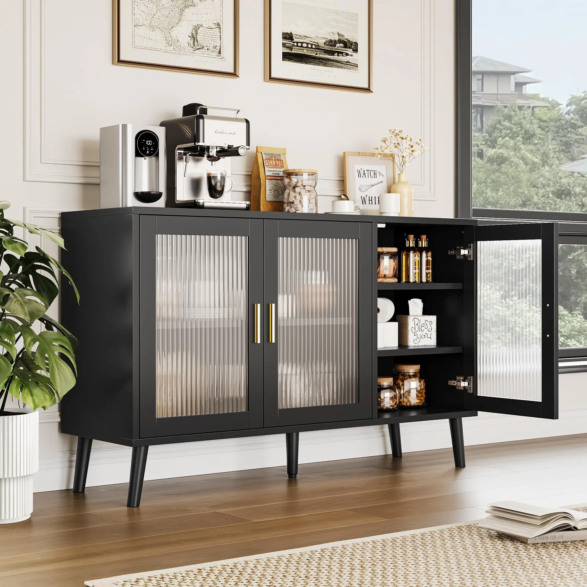 Garvee Storage Cabinet with Fluted Glass Doors, Sideboard Buffet with Removable Shelves, Decorative Storage for Living Room