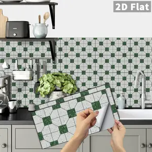 6/12/24/48 PCS/Box FG Retro Tile Stickers | Vintage Green Octagon Star Grid | PVC Crystal Film | Peel & Stick | Waterproof & Oil-Proof Self-Adhesive Tile Decals for Kitchen Backsplash, Bathroom, Floors, Tiles & Wood Surfaces Home Decor