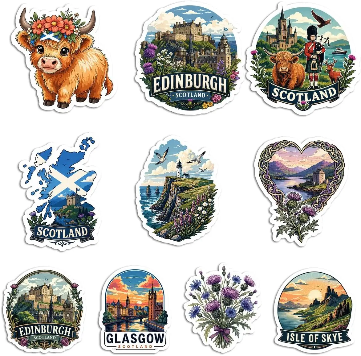 Scotland Stickers Travel Landmark Highland Culture Adventure Pack, Scotland Stickers, Scotland Travel Vinyl Decals, Scottish Landmark Quotes, Gifts For Travelers, Scotland Lovers, Tourists