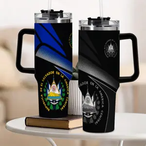 Mexico 40oz Tumbler with Handle & Straw, El Salvador Pride Stainless Steel Travel Mug, Double Wall Vacuum Insulated Cup