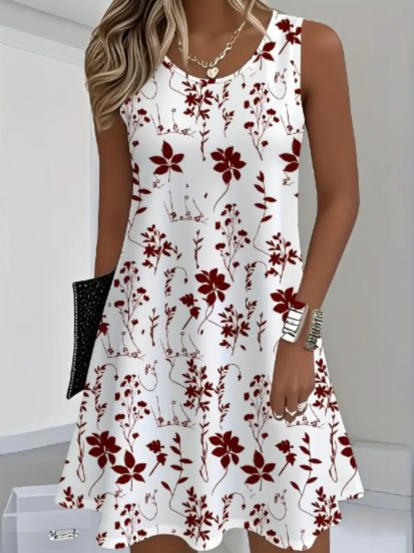 Summer Women's Fashion Floral Digital Print Casual Dress, Round Neck Sleeveless Tank Top Dress, Above the Knee Fitted Style, Boho Floral Printed, Boho Summer Holiday
