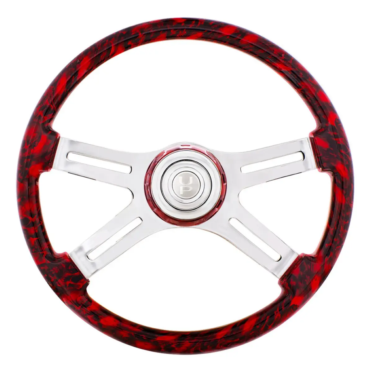 18" Diameter 4-Spoke Red Skull Steering Wheel with Matching Skull Horn Bezel, Car Interior Decor & Styling Accessory for Trucks, Commercial Hubs, Car Styling