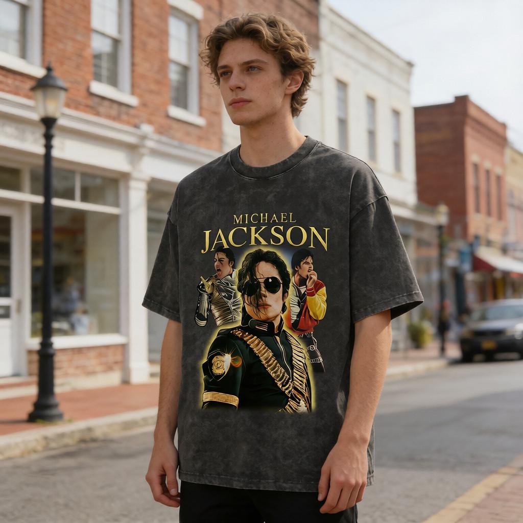 Michael Jackson King of Pop Vintage 260g Heavy Cotton Washable Direct Spray Graphic T-Shirt for Men Bull Casual Menswear