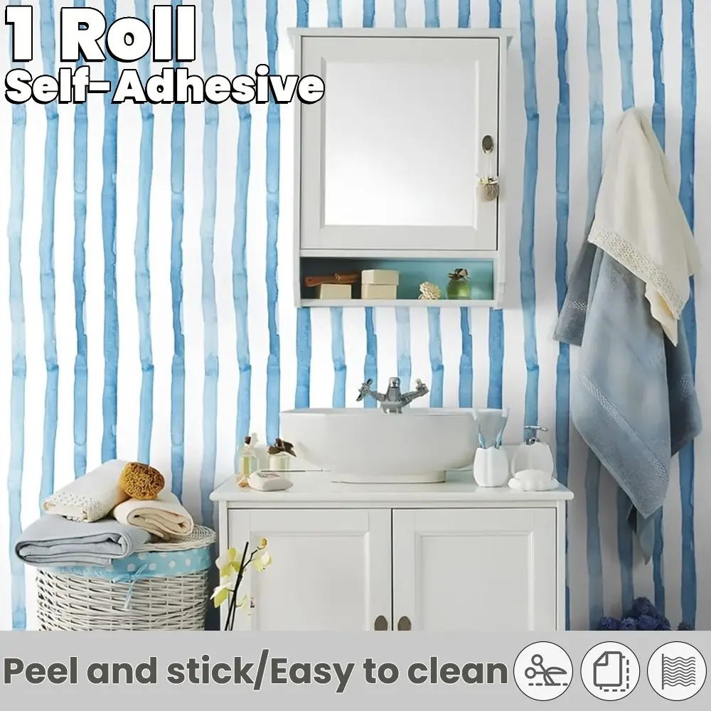 Blue Vertical Striped Wallpaper Roll, Self-Adhesive Moisture-Proof Removable Wallcovering, Easy Peel & Stick for Bedroom, Living Room, Bathroom TV Background, Peel and Stick