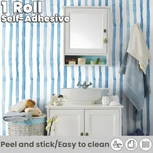 Blue Vertical Striped Wallpaper Roll, Self-Adhesive Moisture-Proof Removable Wallcovering, Easy Peel & Stick for Bedroom, Living Room, Bathroom TV Background