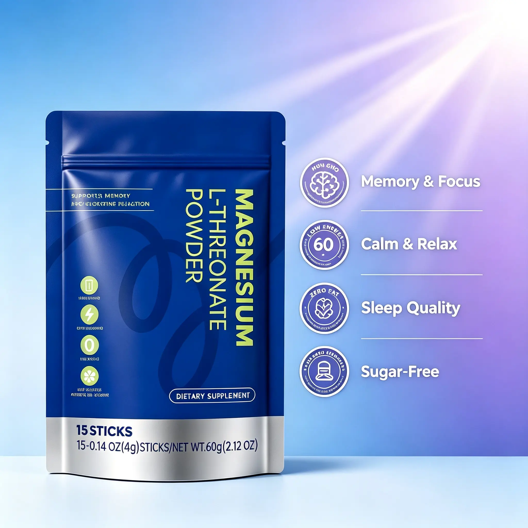 Magnesium L-Threonate Powder Sticks - 15 Pre-Measured 4g GMO-Free Travel Packs for Adults, Bioavailable Mg Supplement, Cognitive Support, No Pills/Scooping, Just Add Water, Limited Time Sale