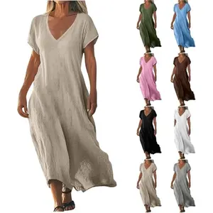 SleekHush 2026 New Women's Solid Color V-Neck Cotton Linen Dress | Loose Casual Comfortable Summer Dress