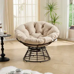 [Bellemave]Comfortable Ergonomic Wicker Papasan Chair, 360 °   Swivel Indoor Outdoor Rattan Chair with Soft Thick Cushion, Ideal for Living Room, Bedroom, Reading Room, Brown Frame with Beige Cushion