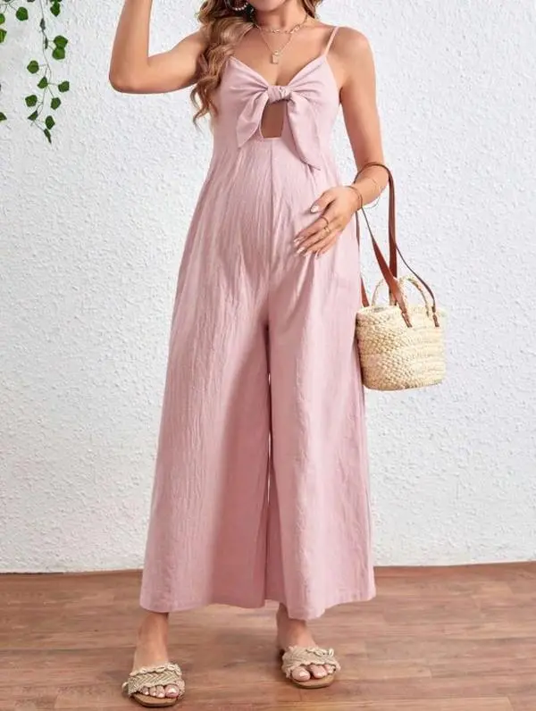 JOCASTAA Maternity Front Tie & Hollow Out Wide Leg Jumpsuit With Spaghetti Straps