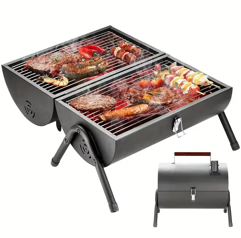 Black Stainless Steel Compact Portable Charcoal Barrel Grill - Double-sided Folding, Wooden Handles, Camping Accessories, Outdoor Smoker for Grilling Shrimp, Meat, Vegetables