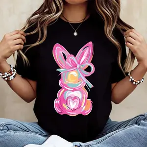 Casual Womens Round Neck Short Sleeve TShirt Featuring Easter Bunny With Pink Bow And Colorful Swirl Print For Spring Holiday Celebrations