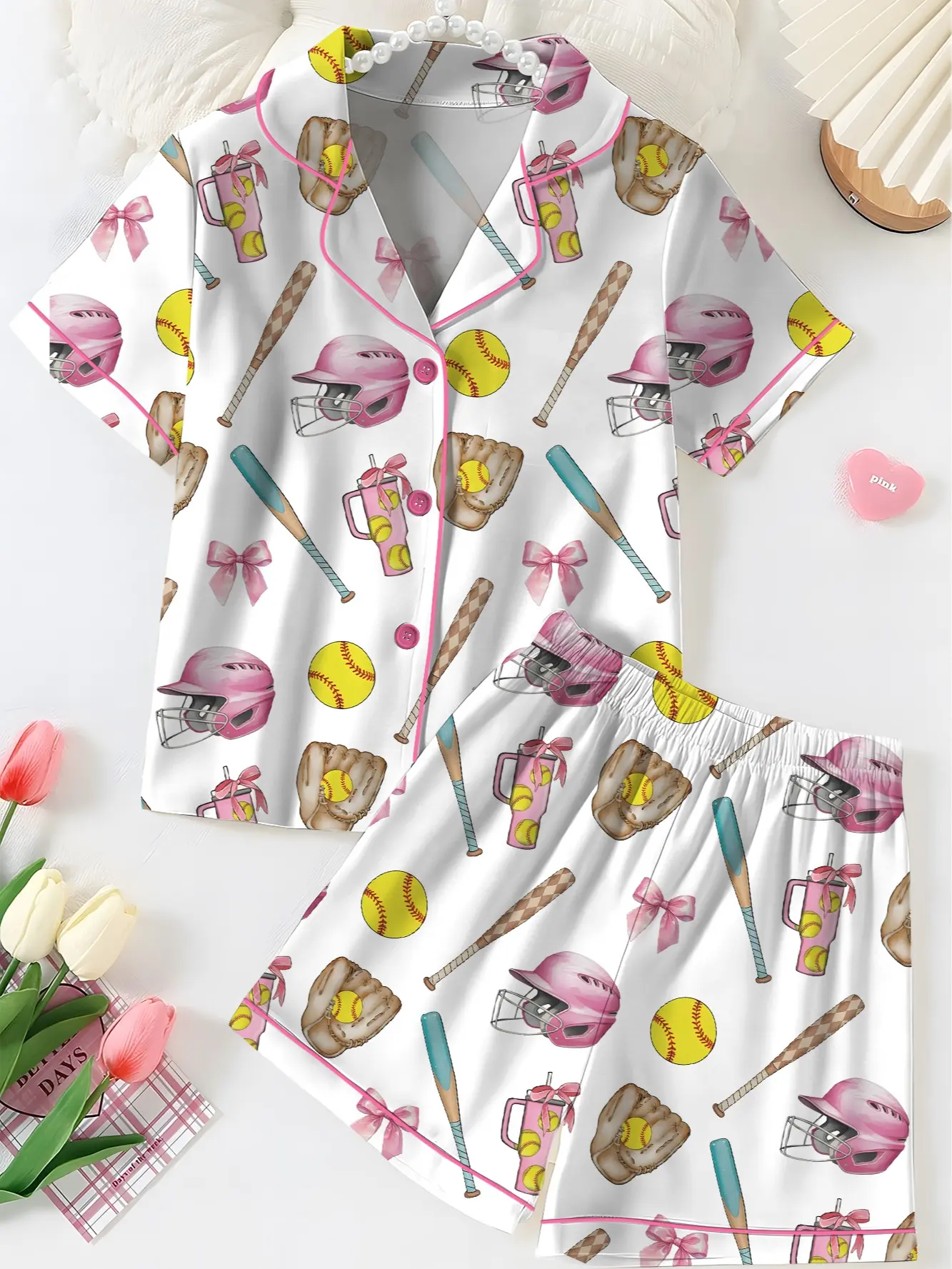 Softball Satin Pajamas Set, Women's White Satin Pajama Set – Softball Print Sleepwear, Sporty Summer Loungewear
