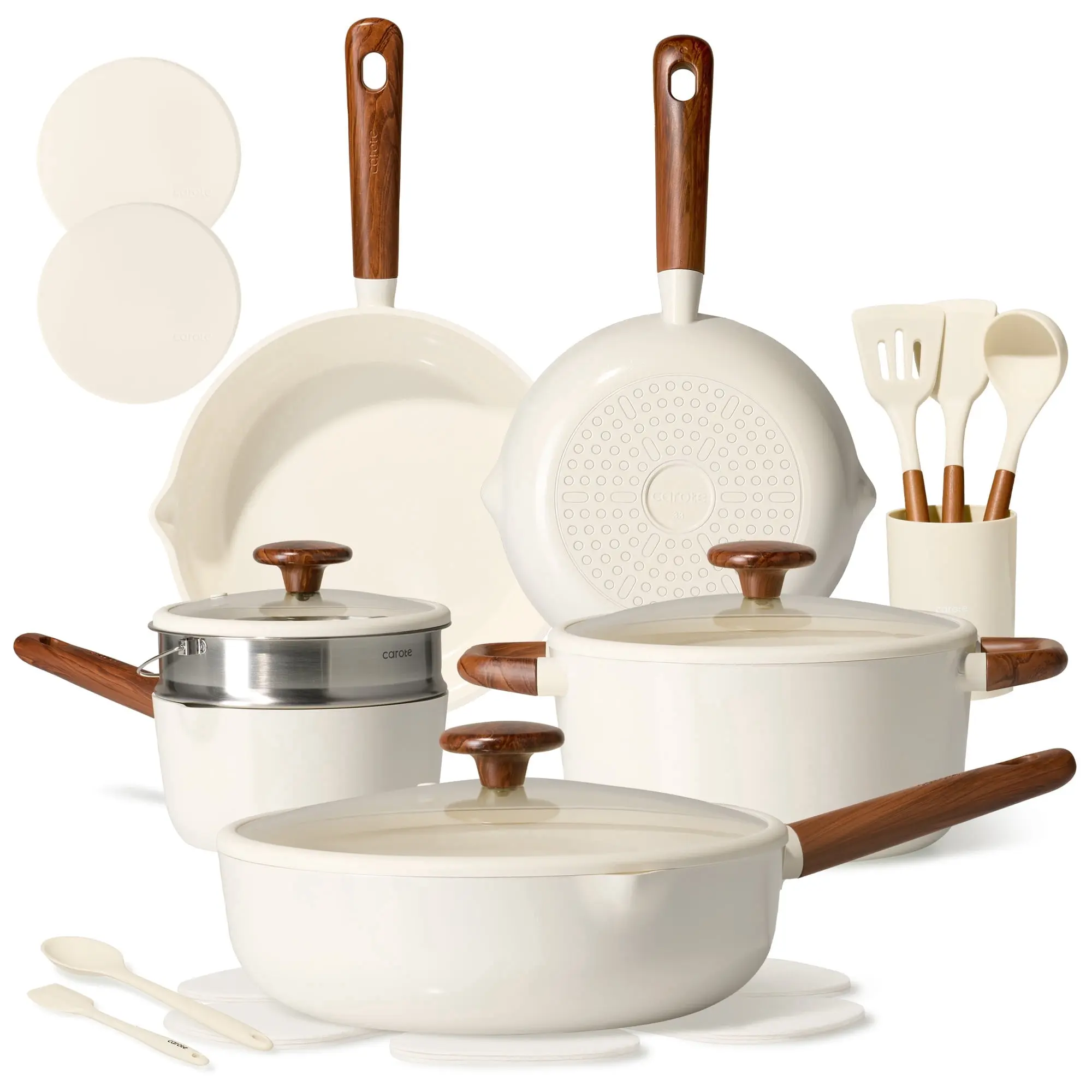 CAROTE Stylish 21-Piece Ceramic Nonstick Cookware Set - Induction Compatible Pots, Pans, and Steamer