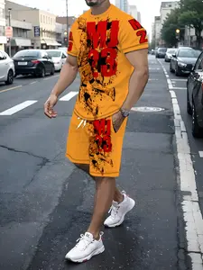 High-Quality Polyester Fiber 3D Print Men's Set, Short Sleeve + Shorts, Casual Daily Wear, Gym Sportswear, All Seasons