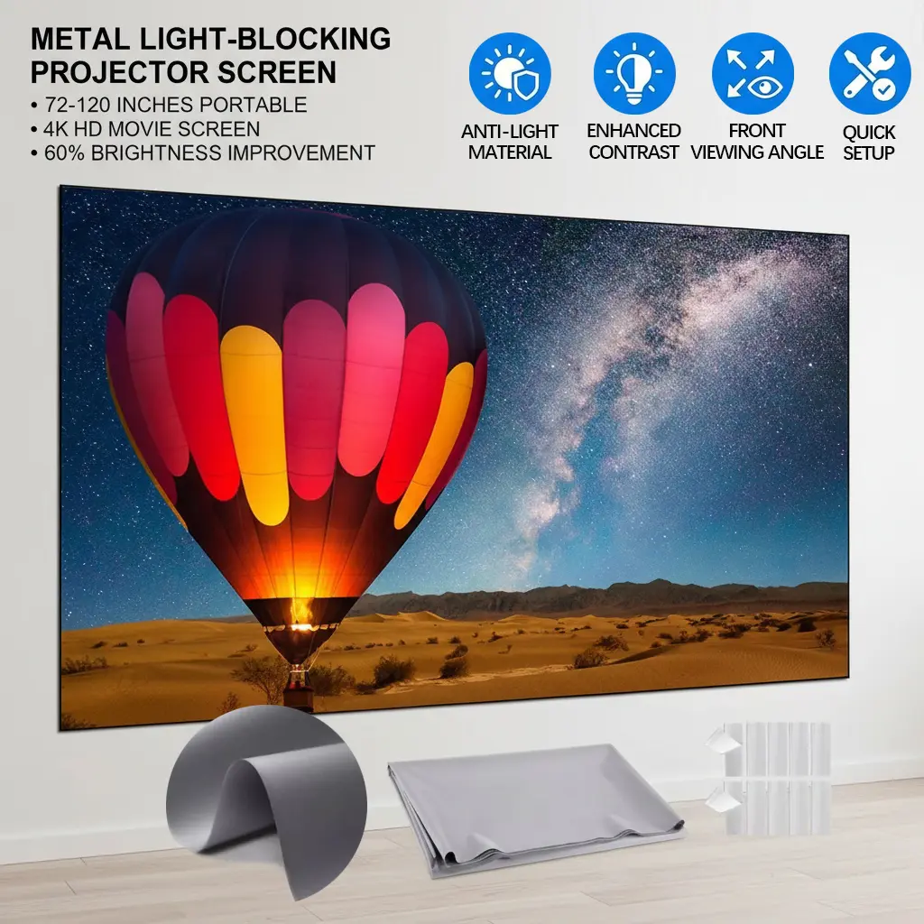 ALR anti light projector screen, easy to install with Velcro closure, can smooth walls, enhance color saturation, dark side as projection front, recommended to use 1080P 200+ANSI lumens projector for best effect, foldable portable screen
