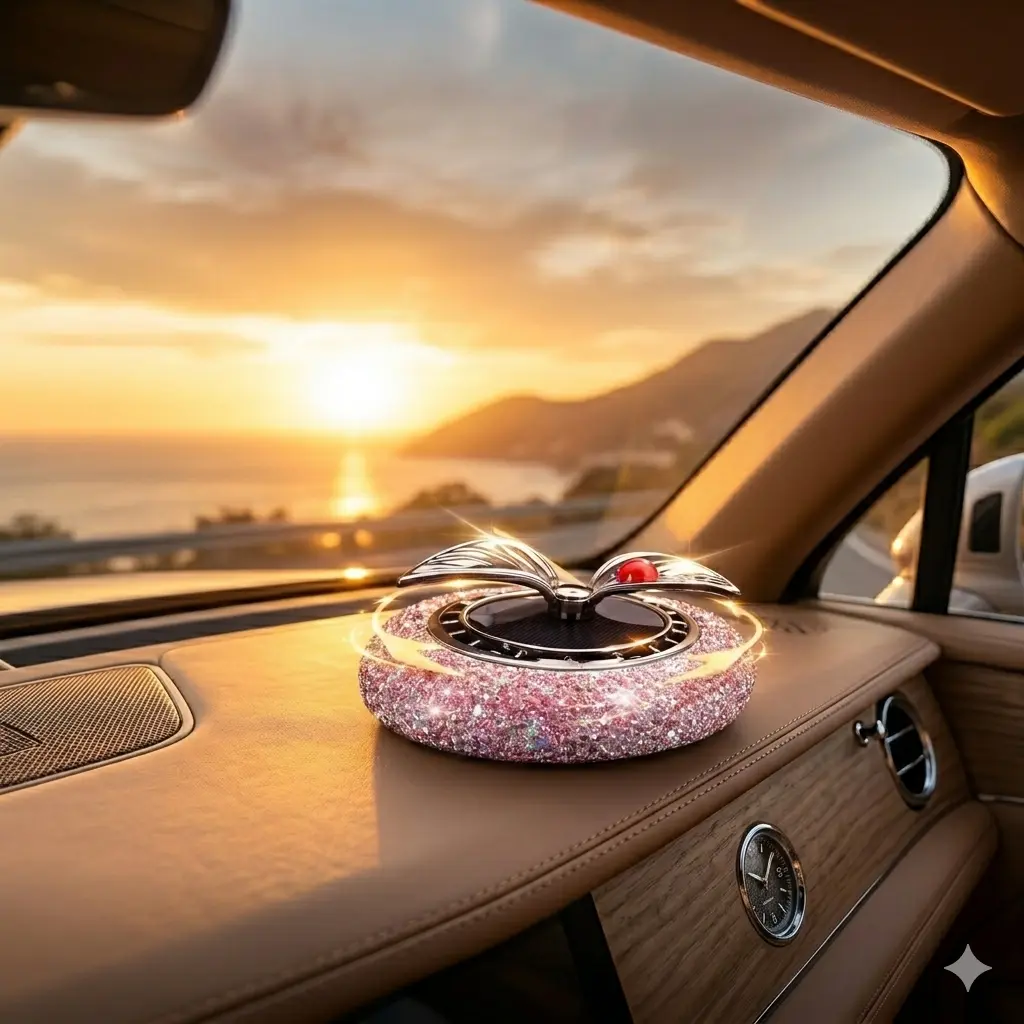 Solar Spinning Crystal Car Air Freshener - Luxury Bling Dashboard Perfume with Natural Aromatherapy, Car Interior Accessories