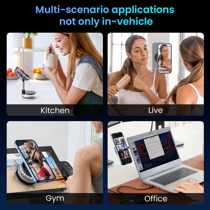 VIWAVE Car Phone Holder, Magnetic Suction & Knob-Type Vacuum Adsorption, Foldable & Retractable, Suitable for Any Flat Surface, for iPhone and All Smartphones