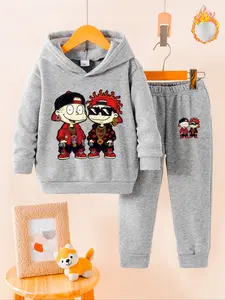 Boys' Fleece Hoodie & Sweatpants Set, Cartoon Print, Street Style, Warm Fall Winter, Casual Fashion, Gift Idea, Clothes Kids